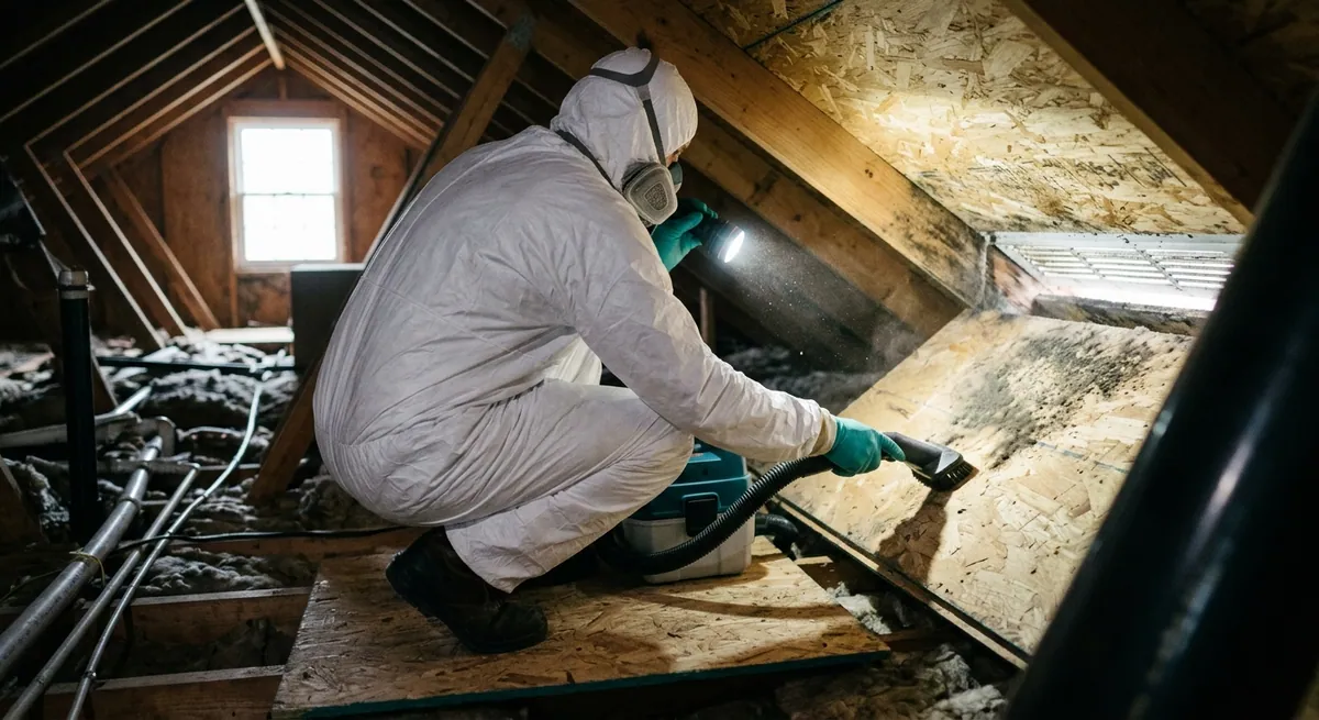 Technician removing mold from attic roof sheathing in Sells, AZ