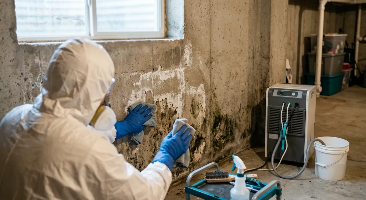 Technician treating mold on a damp basement wall with a dehumidifier running in Chandler, AZ