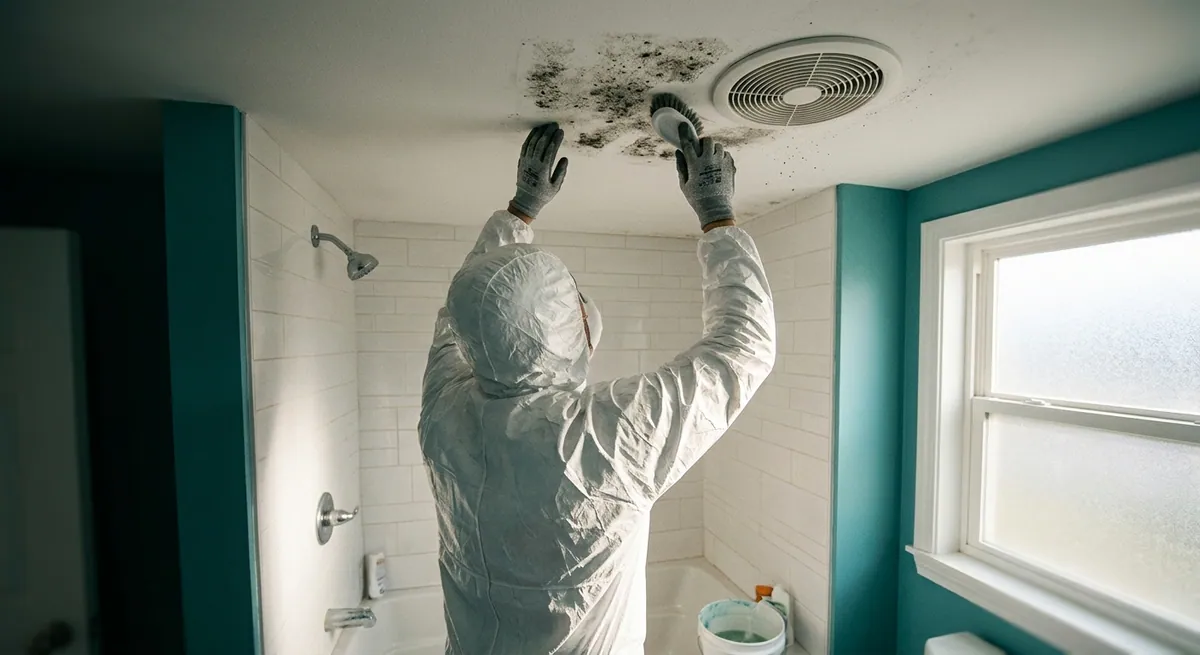 Technician cleaning black mold off a bathroom ceiling in Vail, AZ