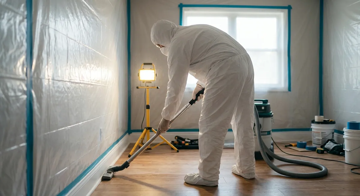 Crew member HEPA vacuuming a room after mold removal in Mesa, AZ