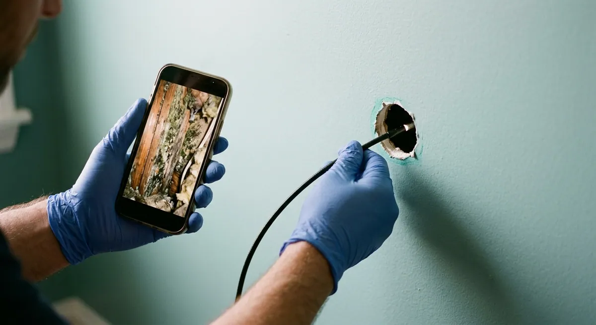 Borescope camera inspecting mold inside a wall cavity in Mesa, AZ