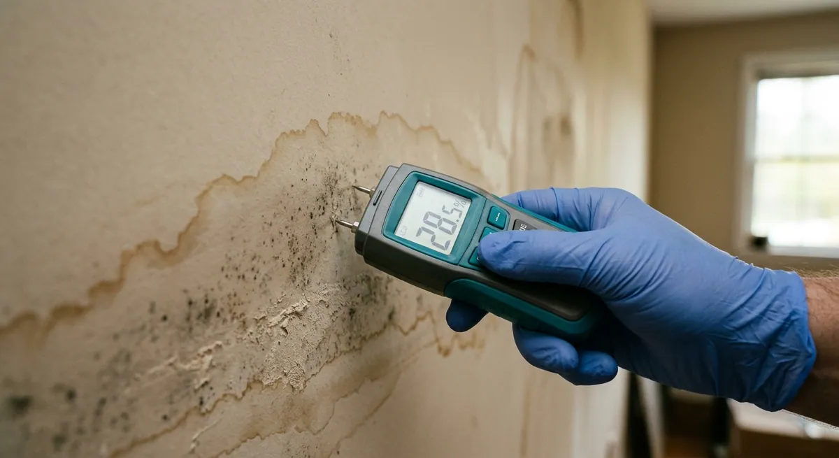 Moisture meter reading on water-damaged drywall during a mold inspection in Gilbert, AZ