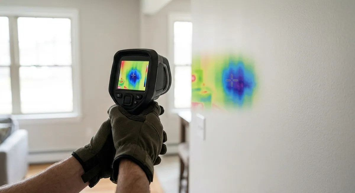 Thermal imaging camera showing a moisture patch on a wall during a mold inspection in Tempe, AZ