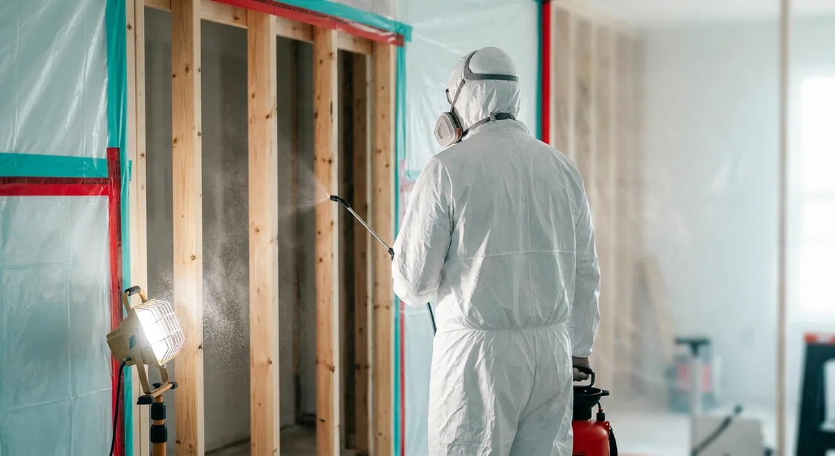 Technician applying antimicrobial treatment after mold removal in Tempe, AZ