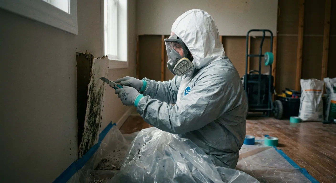 Technician cutting out mold-damaged drywall during mold remediation in Phoenix, AZ