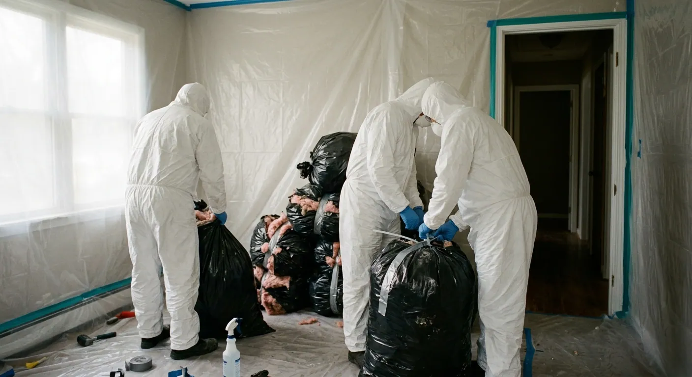 Mold removal crew bagging contaminated drywall and insulation in Mesa, AZ