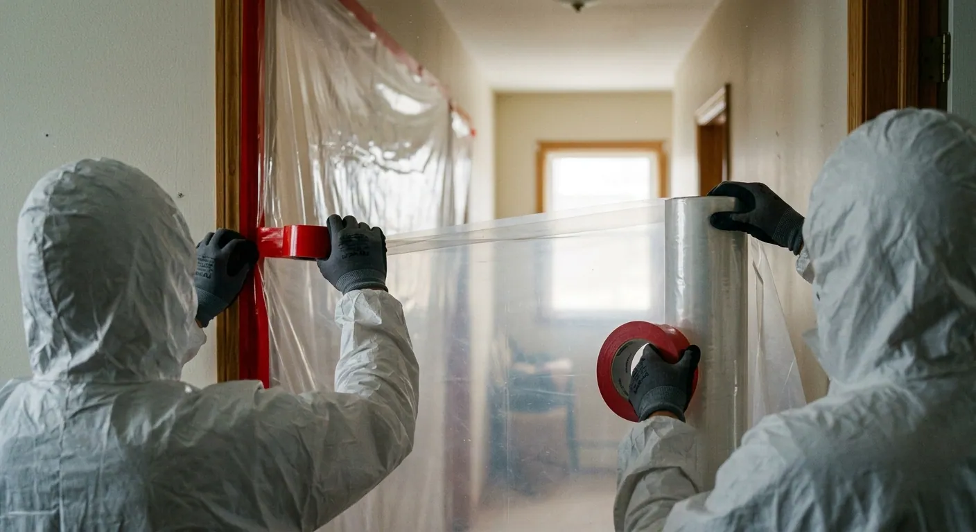 Mold remediation crew taping plastic sheeting to seal a doorway for containment in Vail, AZ