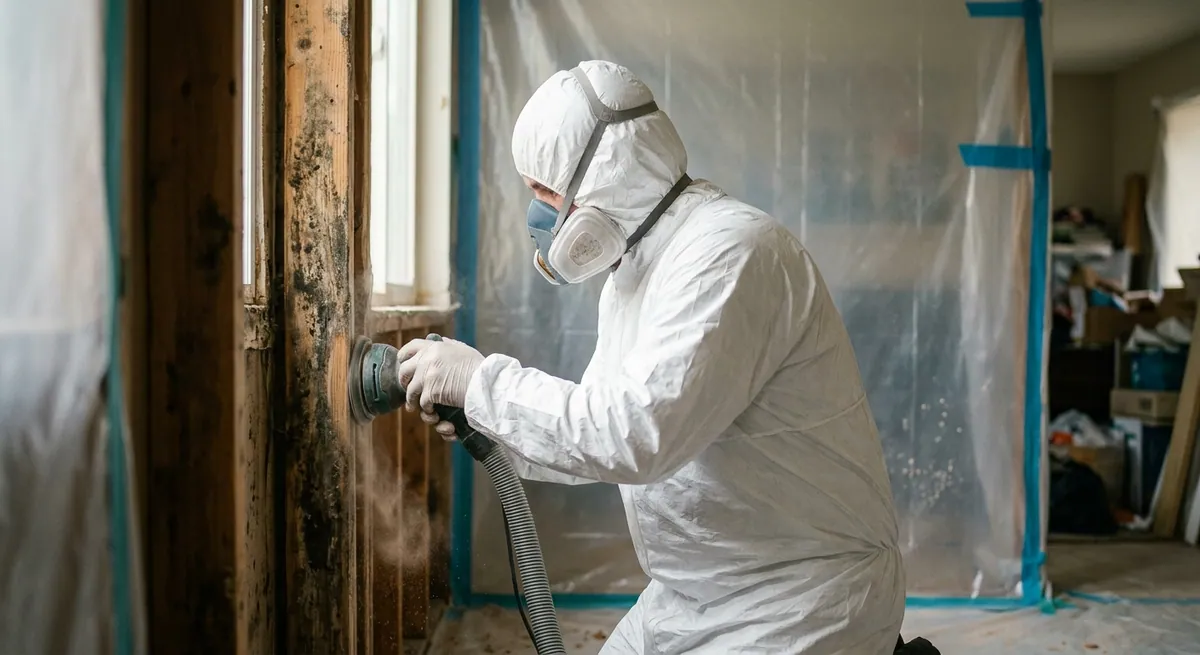 Technician removing mold from wood studs with HEPA vacuum sanding in Glendale, AZ